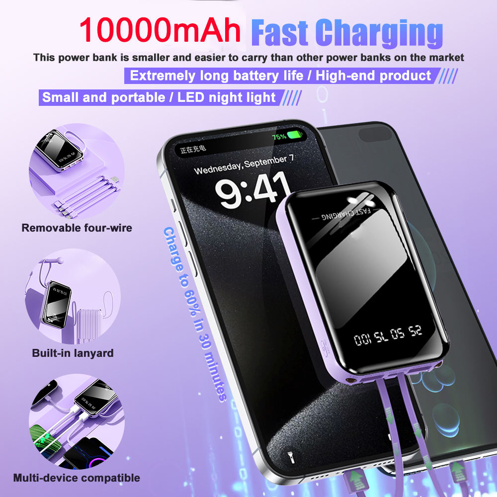 10000mAh Portable Power Bank – 4-in-1 Built-In Cables, Dual LED Lights & Dual USB Charging