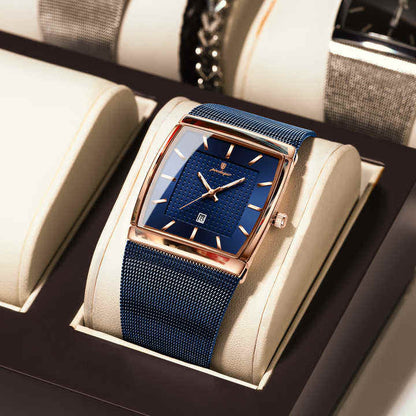 POEDAGAR 885 Luxury Men's Quartz Watch Square Dial Stainless Steel Mesh Strap