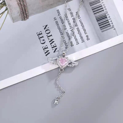 Women’s Luxury Heart Necklace – Silver Angel Wing Zircon Pendant Chain