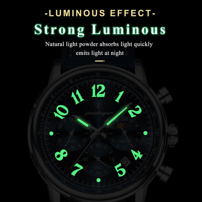 Luxury Sports Quartz Watch for Men – Waterproof Chronograph with Blue Leather Strap