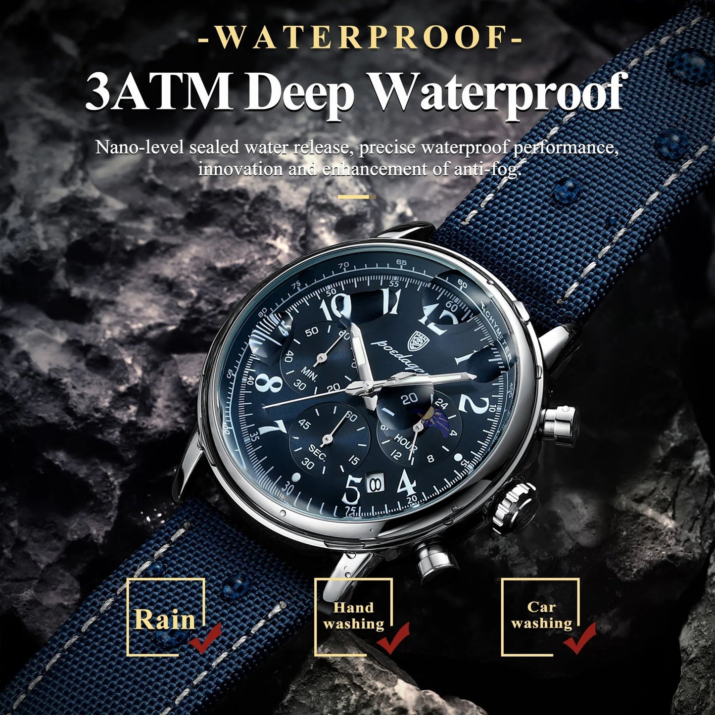 Luxury Sports Quartz Watch for Men – Waterproof Chronograph with Blue Leather Strap