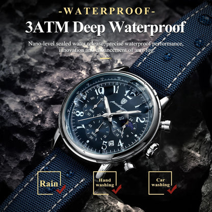 Luxury Sports Quartz Watch for Men – Waterproof Chronograph with Blue Leather Strap