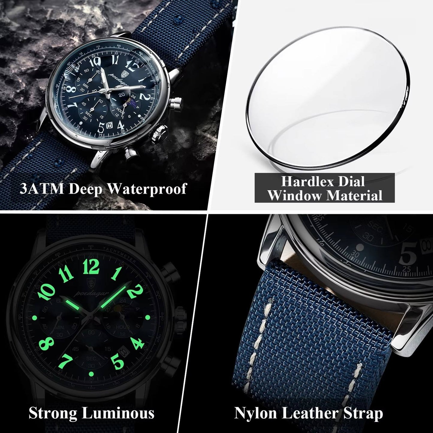 Luxury Sports Quartz Watch for Men – Waterproof Chronograph with Blue Leather Strap