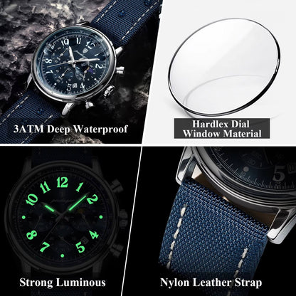 Luxury Sports Quartz Watch for Men – Waterproof Chronograph with Blue Leather Strap