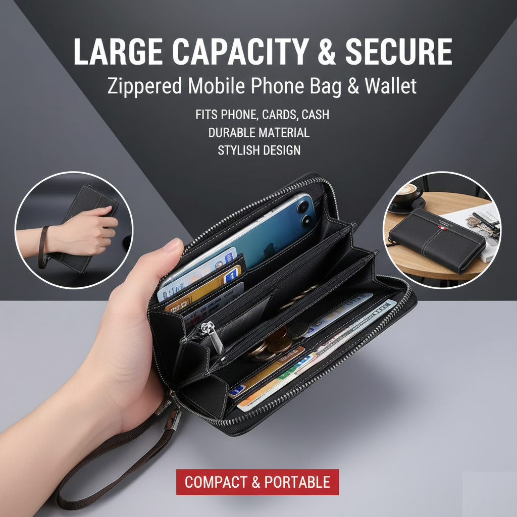 Large Capacity Zippered Mobile Phone Bag & Wallet – Compact, Secure & Stylish