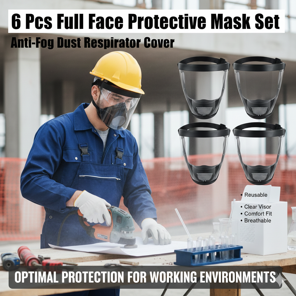 6 Pcs Full Face Protective Mask Set – Anti-Fog Dust Respirator Cover