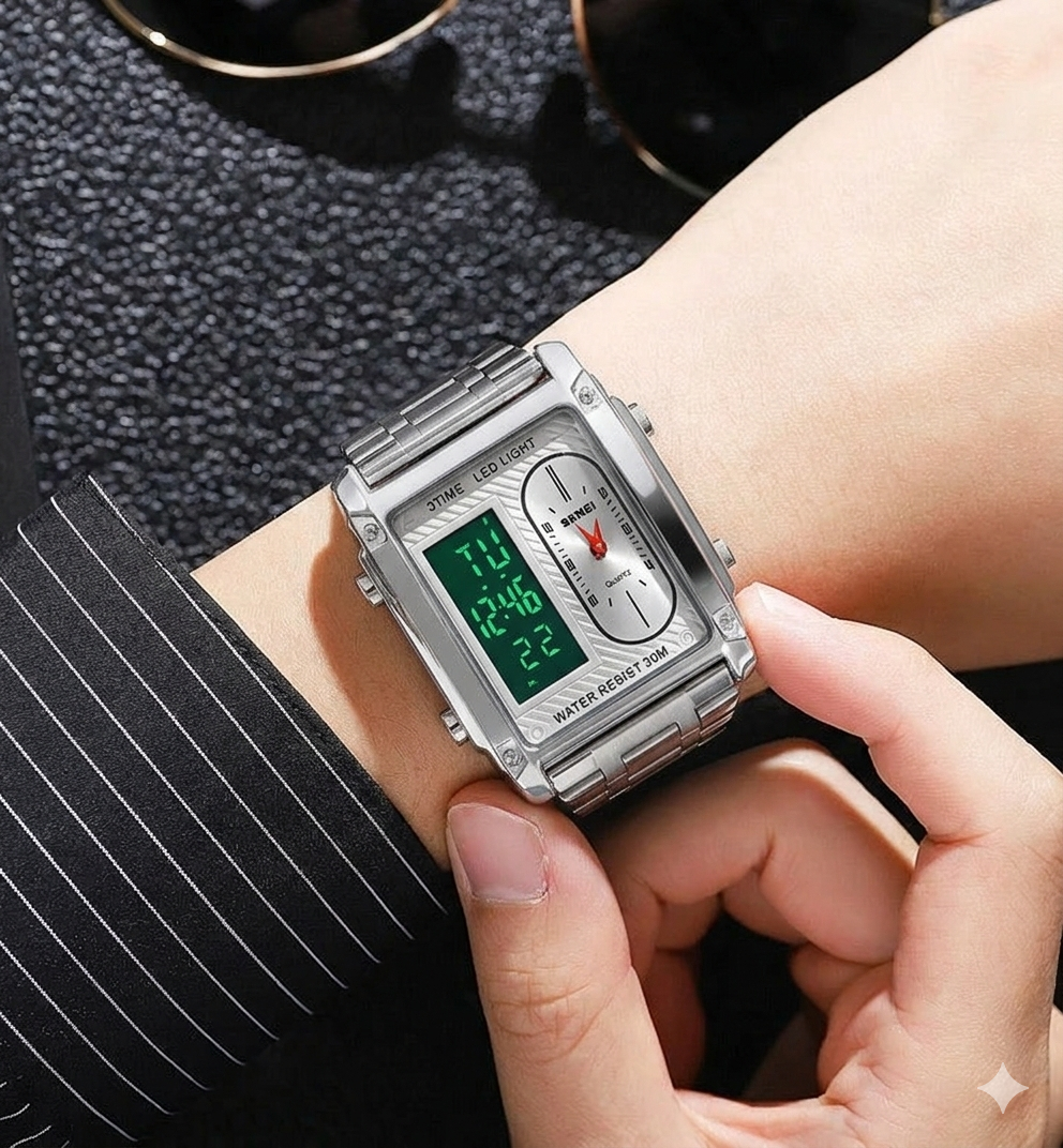 3ATM Waterproof Digital Chrono Watch – Fashion Steel & Leather Men’s Watch