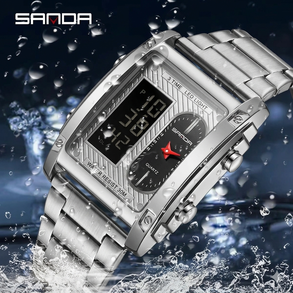 3ATM Waterproof Digital Chrono Watch – Fashion Steel & Leather Men’s Watch