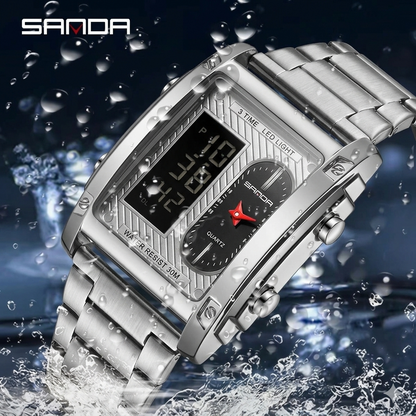 3ATM Waterproof Digital Chrono Watch – Fashion Steel & Leather Men’s Watch