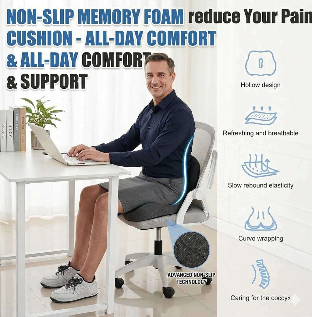 Non-Slip Memory Foam Seat Cushion – All-Day Comfort & Support