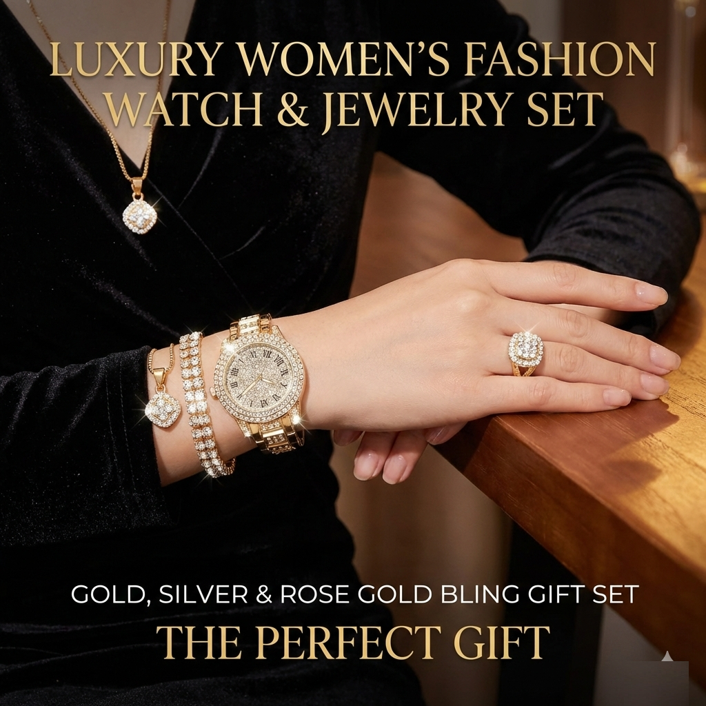 Luxury Women’s Fashion Watch & Jewelry Set – Gold, Silver & Rose Gold Bling Gift Set