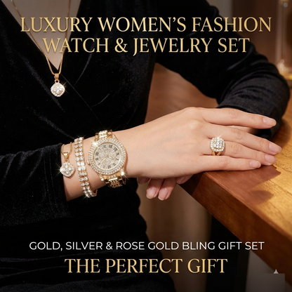 Luxury Women’s Fashion Watch & Jewelry Set – Gold, Silver & Rose Gold Bling Gift Set