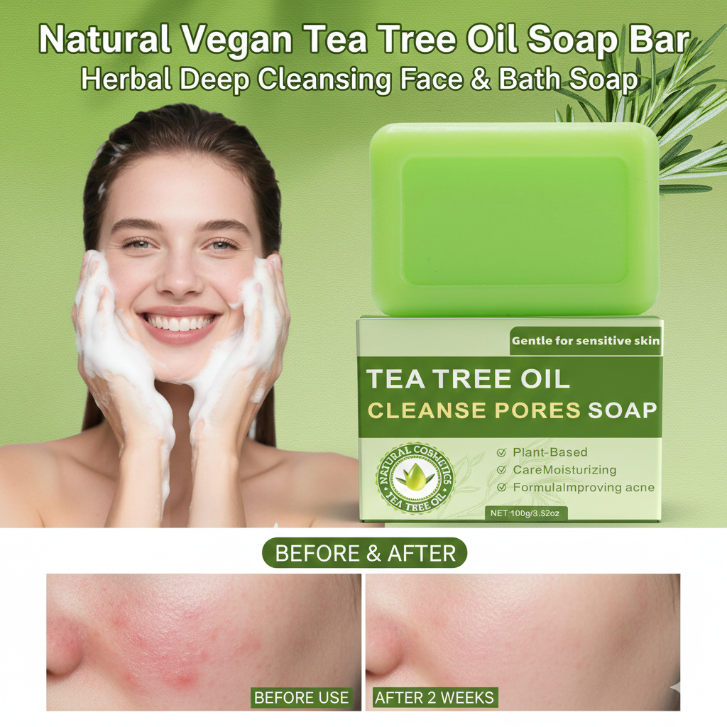 Natural Vegan Tea Tree Oil Soap Bar – Herbal Deep Cleansing Face & Bath Soap