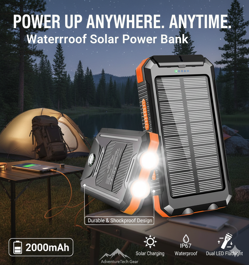 Waterproof Solar Power Bank — 20000mAh Portable Charger