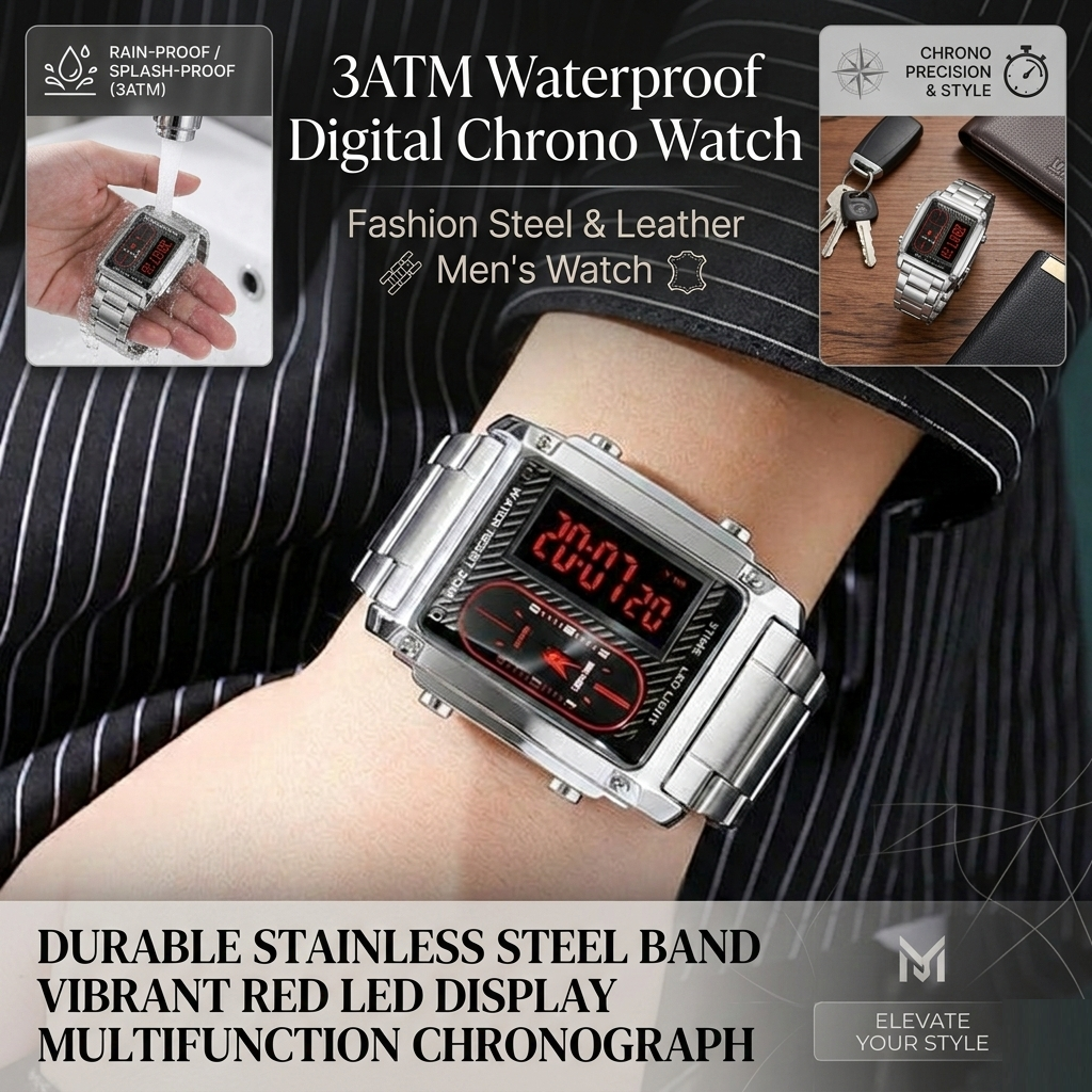 3ATM Waterproof Digital Chrono Watch – Fashion Steel & Leather Men’s Watch