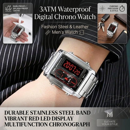 3ATM Waterproof Digital Chrono Watch – Fashion Steel & Leather Men’s Watch