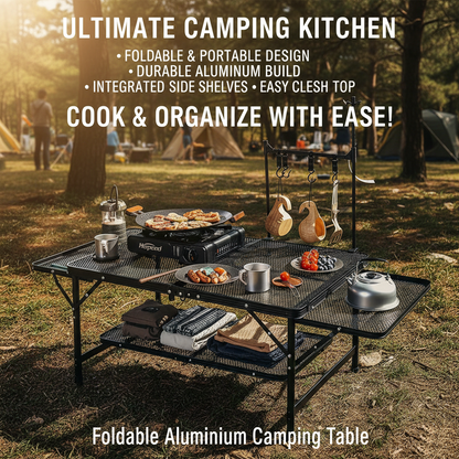 Foldable Aluminium Camping Table with Side Shelves
