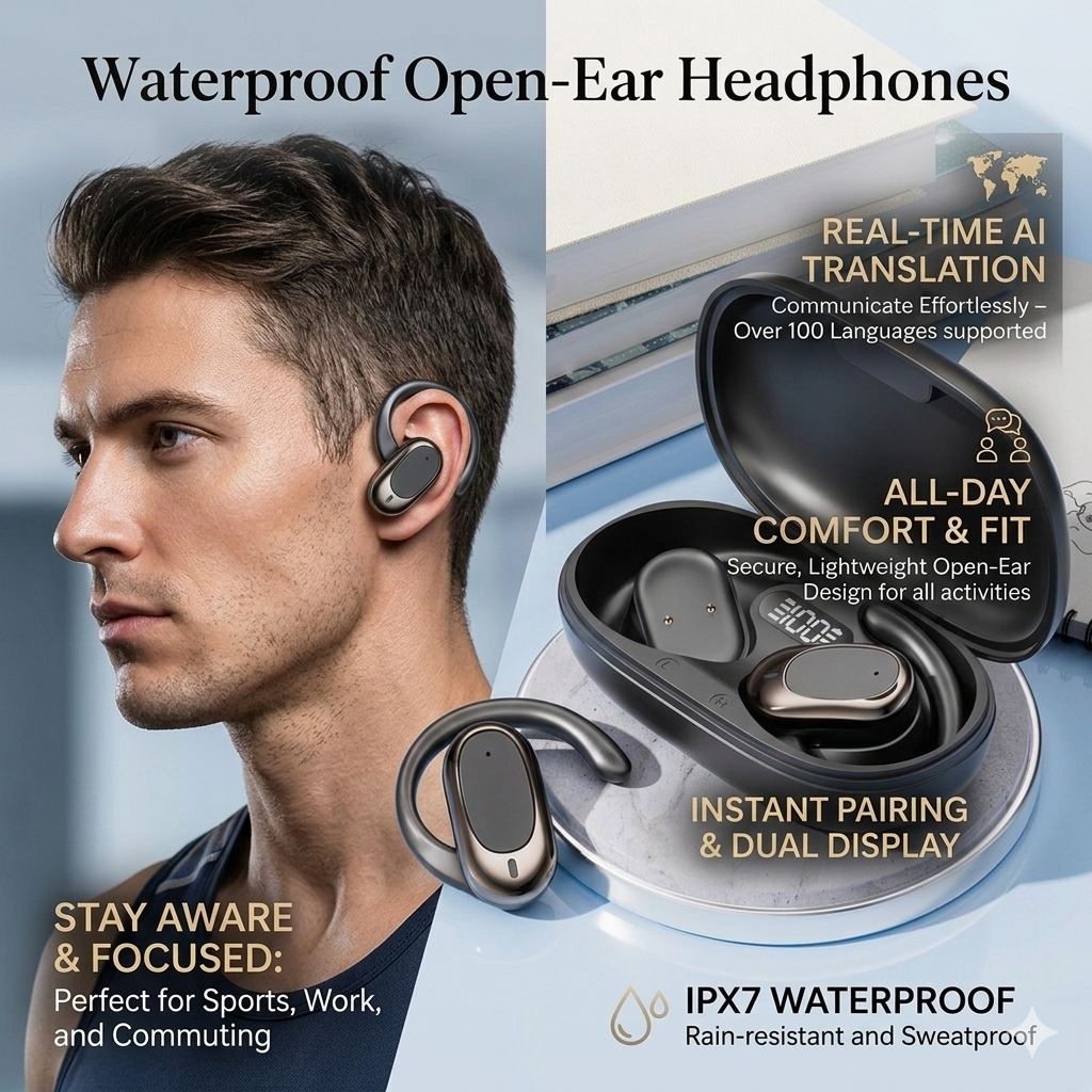 Waterproof Open-Ear Headphones – AI Translation & Wireless Comfort