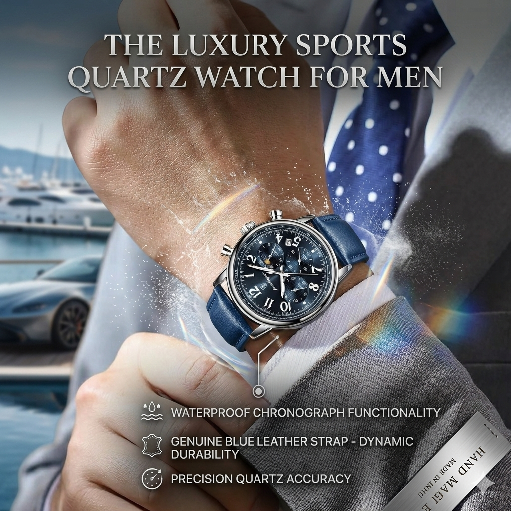 Luxury Sports Quartz Watch for Men – Waterproof Chronograph with Blue Leather Strap
