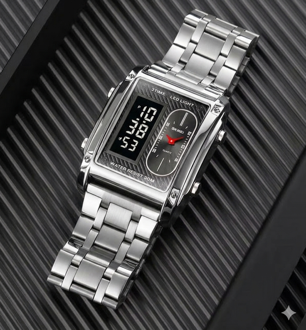 3ATM Waterproof Digital Chrono Watch – Fashion Steel & Leather Men’s Watch