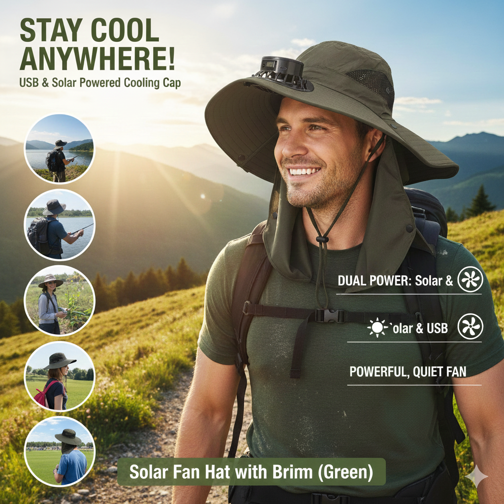 Solar Fan Hat with Wide Brim – USB & Solar Powered Cooling Cap