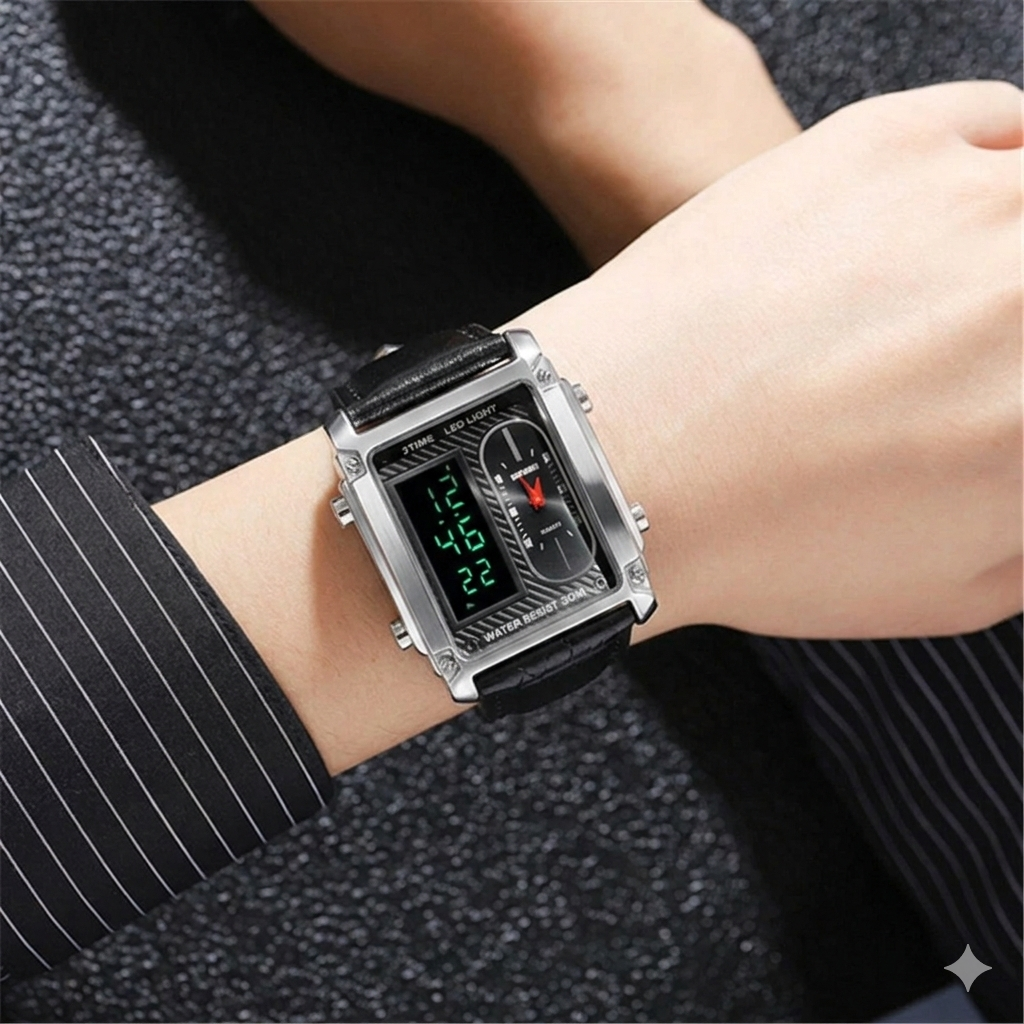 3ATM Waterproof Digital Chrono Watch – Fashion Steel & Leather Men’s Watch
