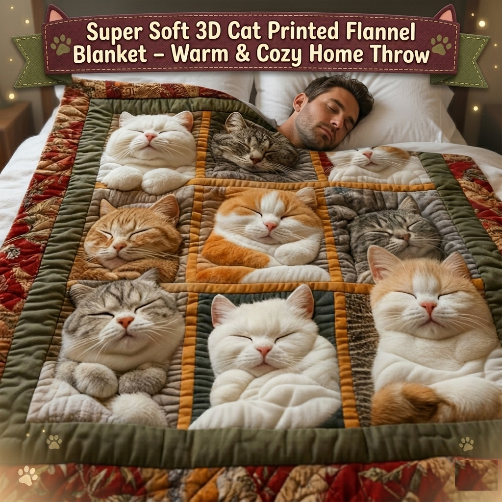 Super Soft 3D Cat Printed Flannel Blanket – Warm & Cozy Home Throw
