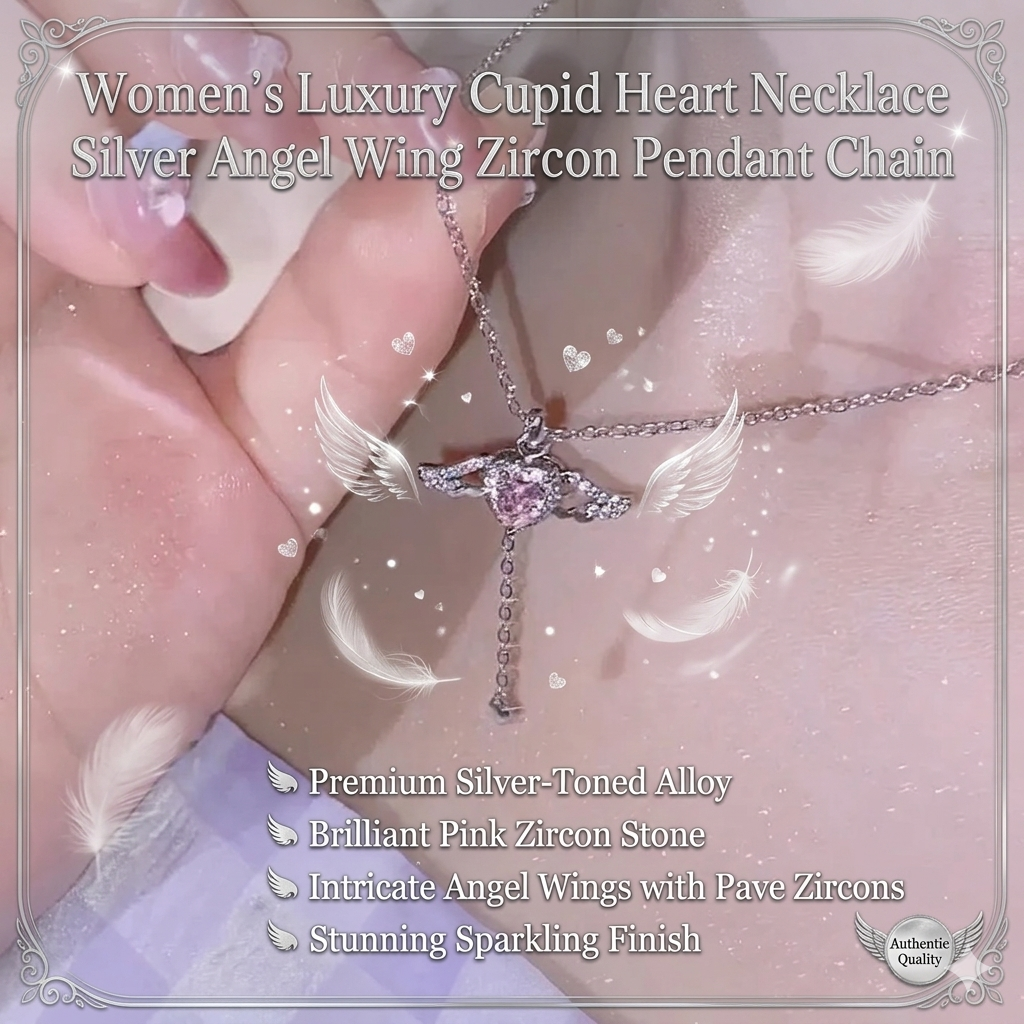 Women’s Luxury Heart Necklace – Silver Angel Wing Zircon Pendant Chain