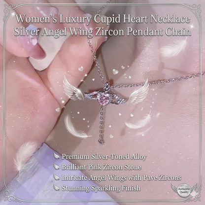 Women’s Luxury Heart Necklace – Silver Angel Wing Zircon Pendant Chain