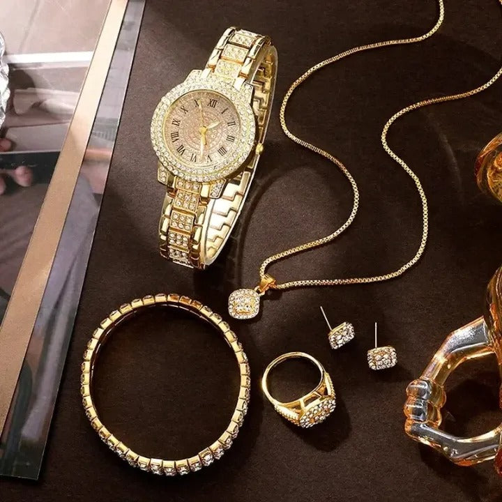 Luxury Women’s Fashion Watch & Jewelry Set – Gold, Silver & Rose Gold Bling Gift Set