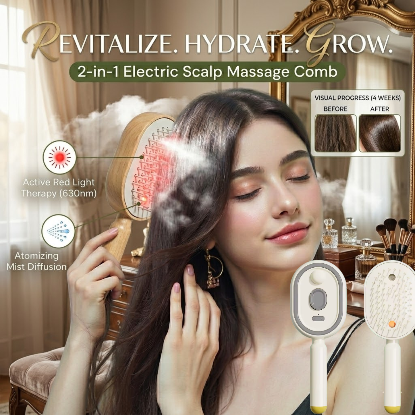 2 in 1 Electric Scalp Massage Comb – Red Light & Atomizing Hair Care Comb