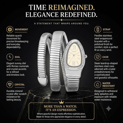 Women's Snake Head Quartz Watch – Luxury Diamond Accent Elastic Band Fashion Timepiece