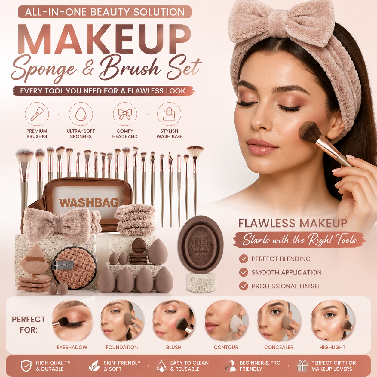 Makeup Sponge & Brush Set with Headband for Flawless Makeup