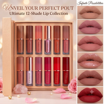 12-Color Lip Gloss Set Matte & Pearl Finish