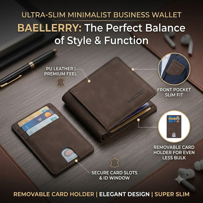 Slim Minimalist Men's Wallet – Leather Business Wallet with Removable Card Holder