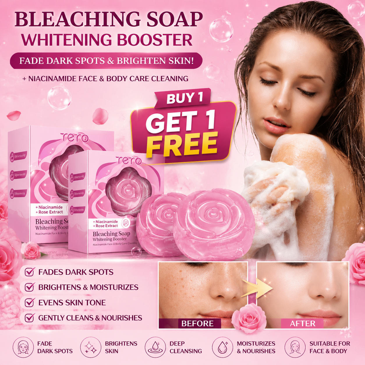Rose Essential Oil Handmade Bath Soap Bar for All Skin Types