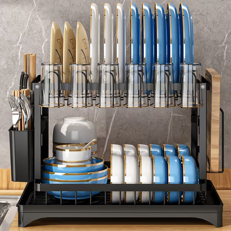 2 Tier Dish Drying Rack with Detachable Drainer & Utensil Holder f