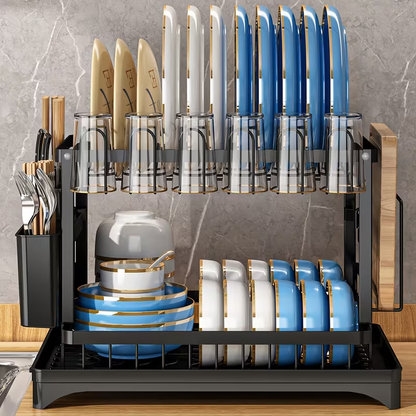 2 Tier Dish Drying Rack with Detachable Drainer & Utensil Holder f