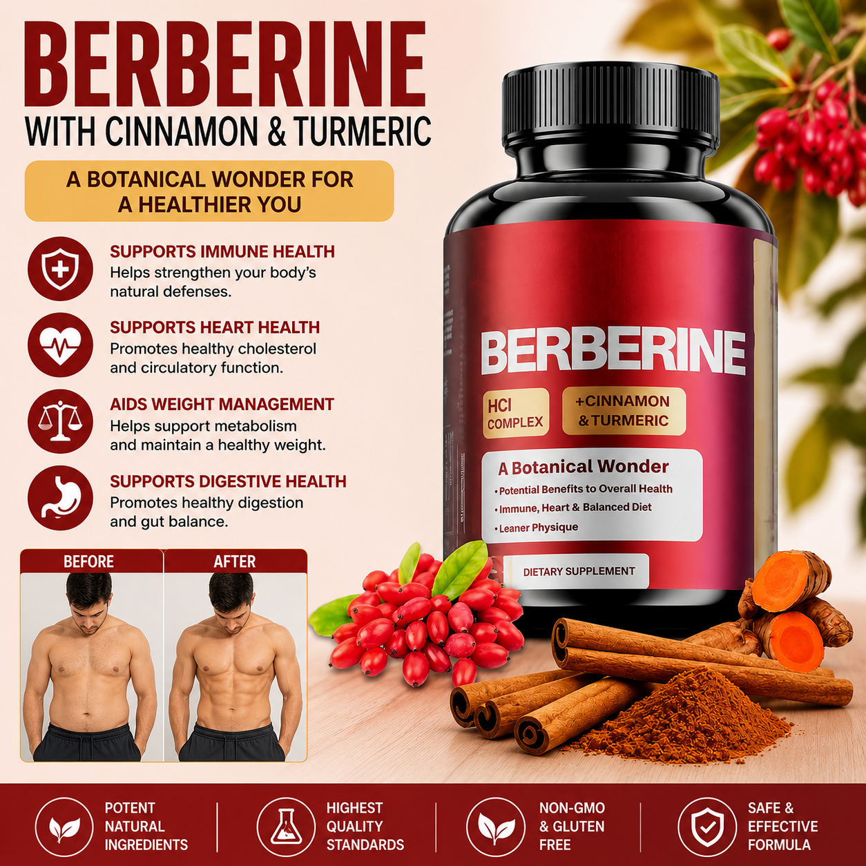 Berberine HCl Capsules with Ceylon Cinnamon, Turmeric & Black Pepper
