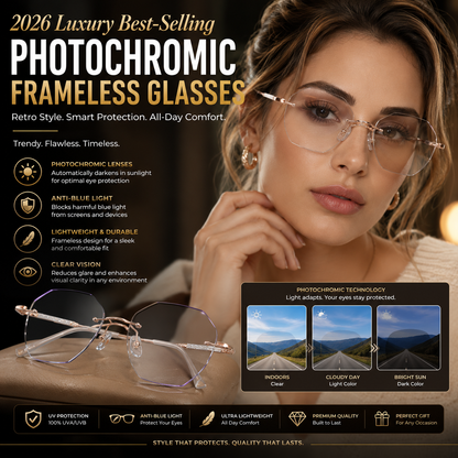 Luxury Frameless Photochromic Glasses – Anti-Blue Light UV Protection Eyewear for Men & Women