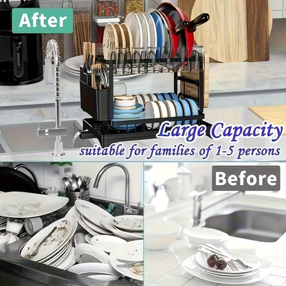 2 Tier Dish Drying Rack with Detachable Drainer & Utensil Holder f