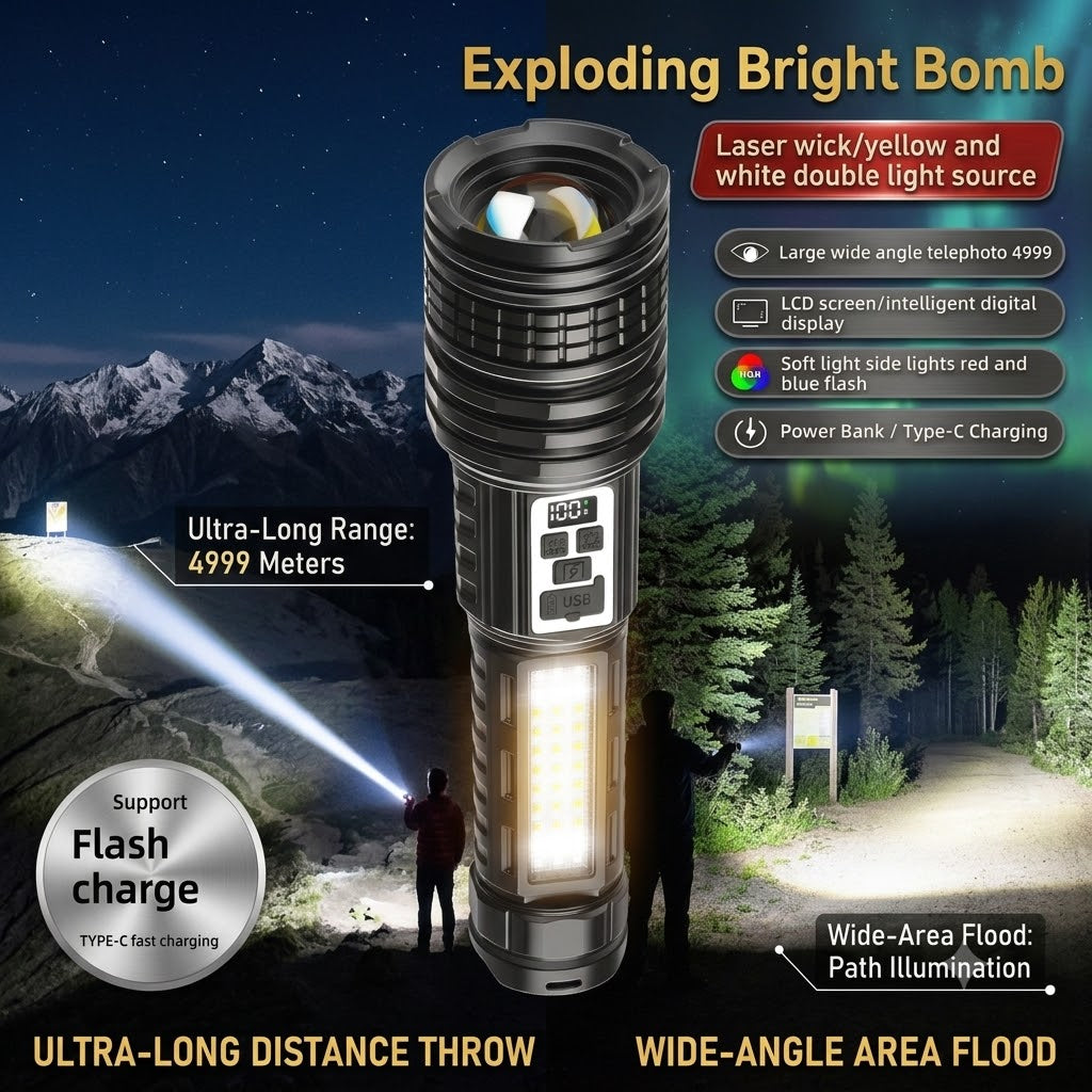 Dual LED Rechargeable Flashlight Super Bright Outdoor Torch