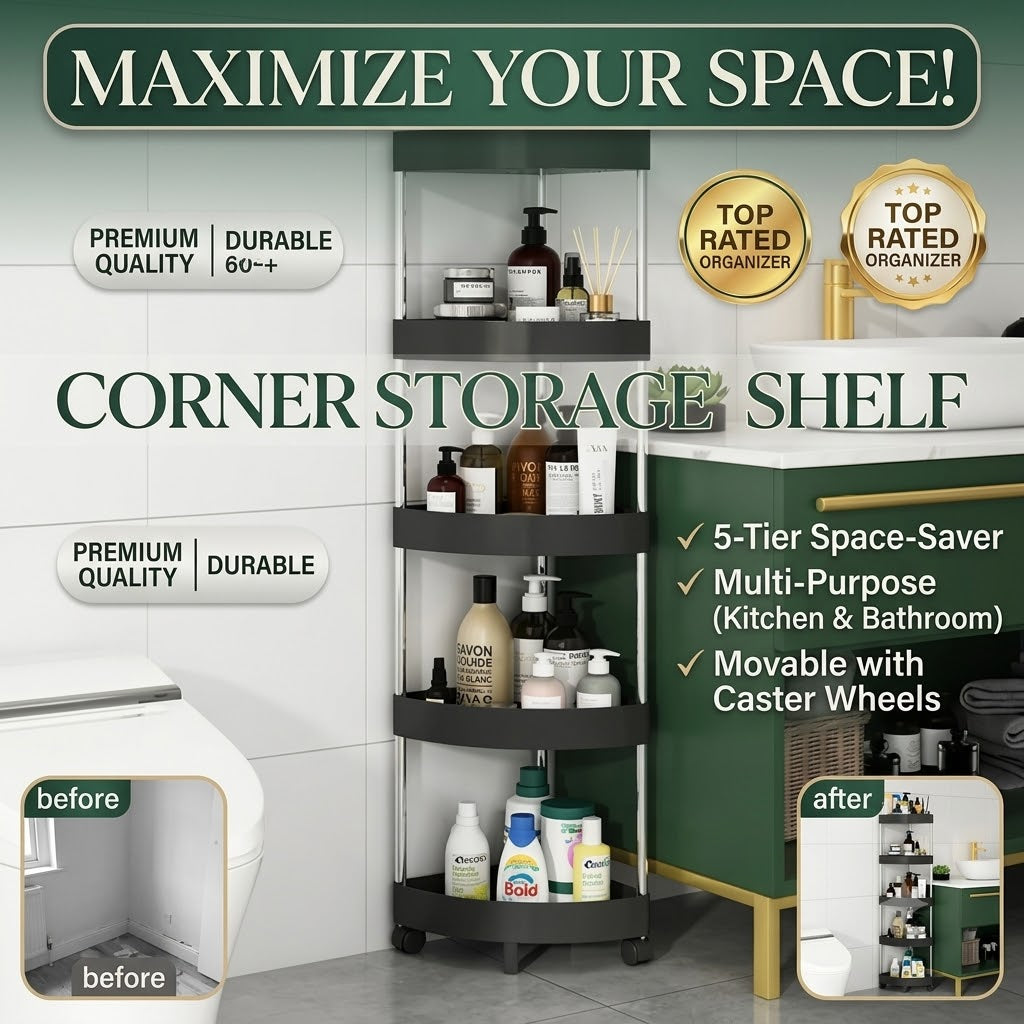 Corner Storage Shelf – Space Saving Organizer for Bathroom & Kitchen