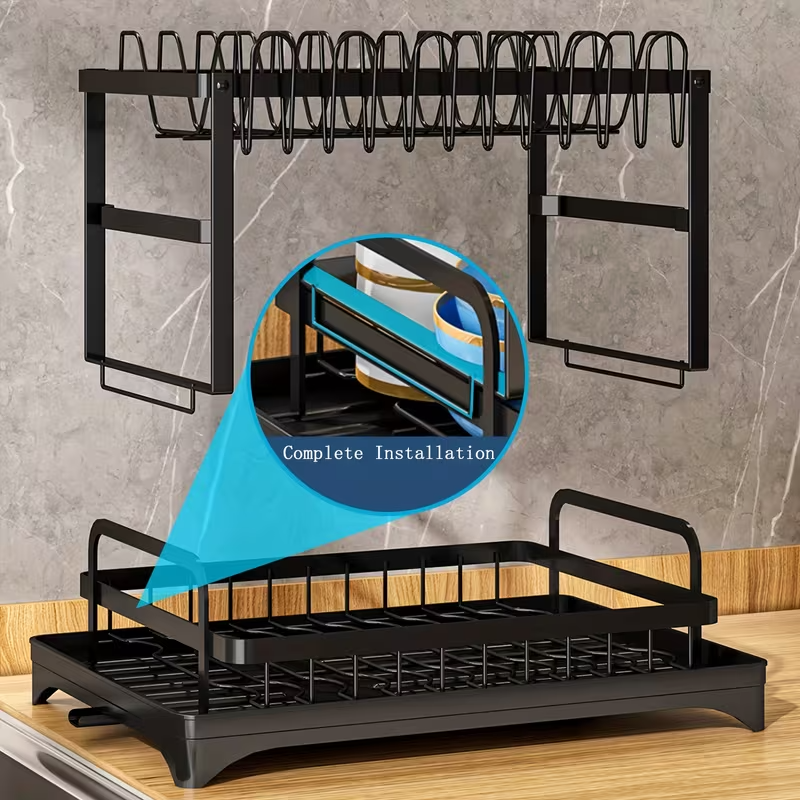 2 Tier Dish Drying Rack with Detachable Drainer & Utensil Holder f
