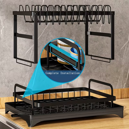 2 Tier Dish Drying Rack with Detachable Drainer & Utensil Holder f