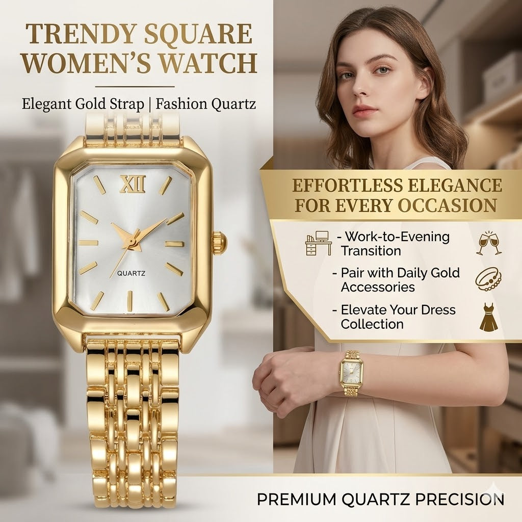 Trendy Square Women’s Watch – Elegant Gold Strap Fashion Quartz Watch