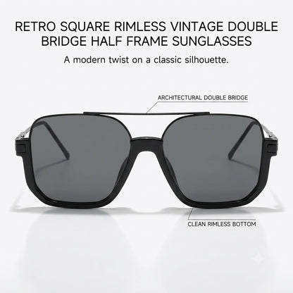 Retro Square Rimless Vintage Double Bridge Half Frame Sunglasses