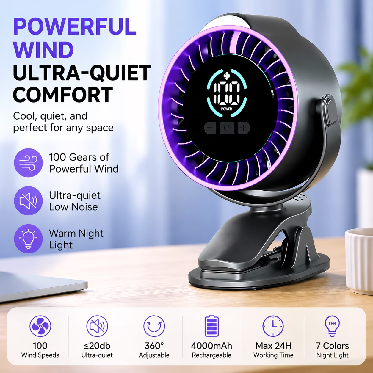 Portable Clip-On USB Rechargeable Fan with Digital Display