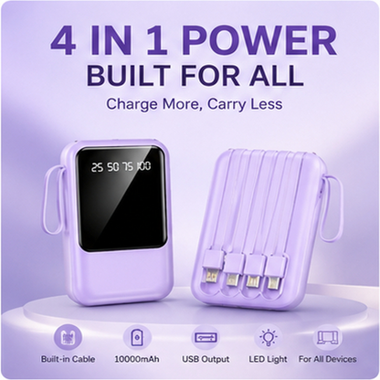 10000mAh Portable Power Bank – 4-in-1 Built-In Cables, Dual LED Lights & Dual USB Charging