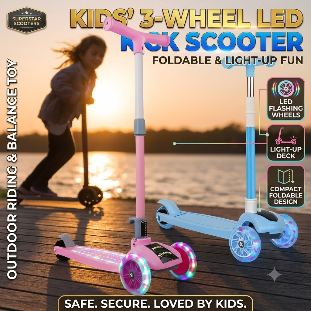 Foldable 3 Wheel Kids Kick Scooter with LED Lights – Outdoor Riding & Balance Toy